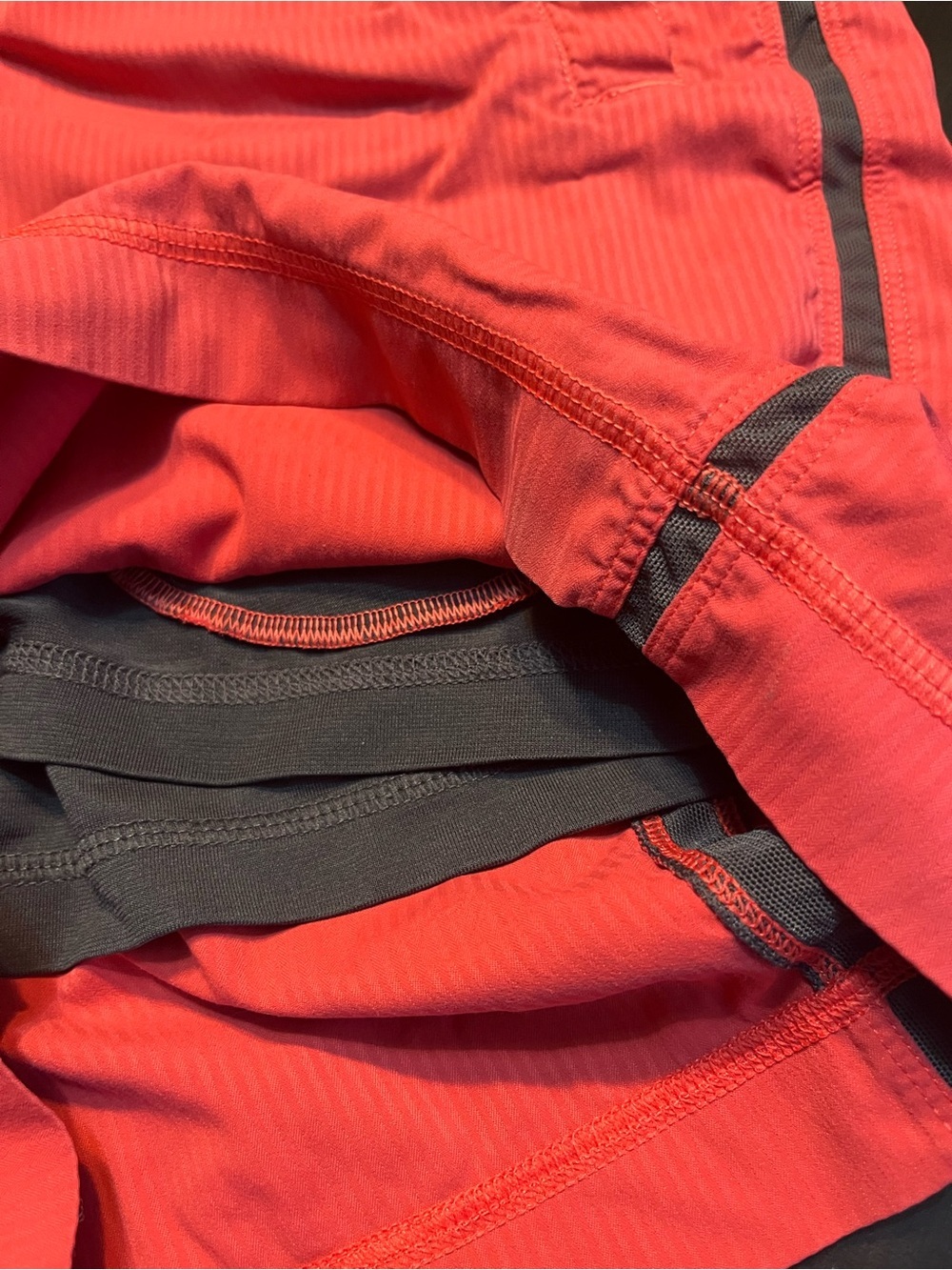 lululemon athletica Coral Red Athletic Shorts with Gray Side Stripe - Picture 7 of 8